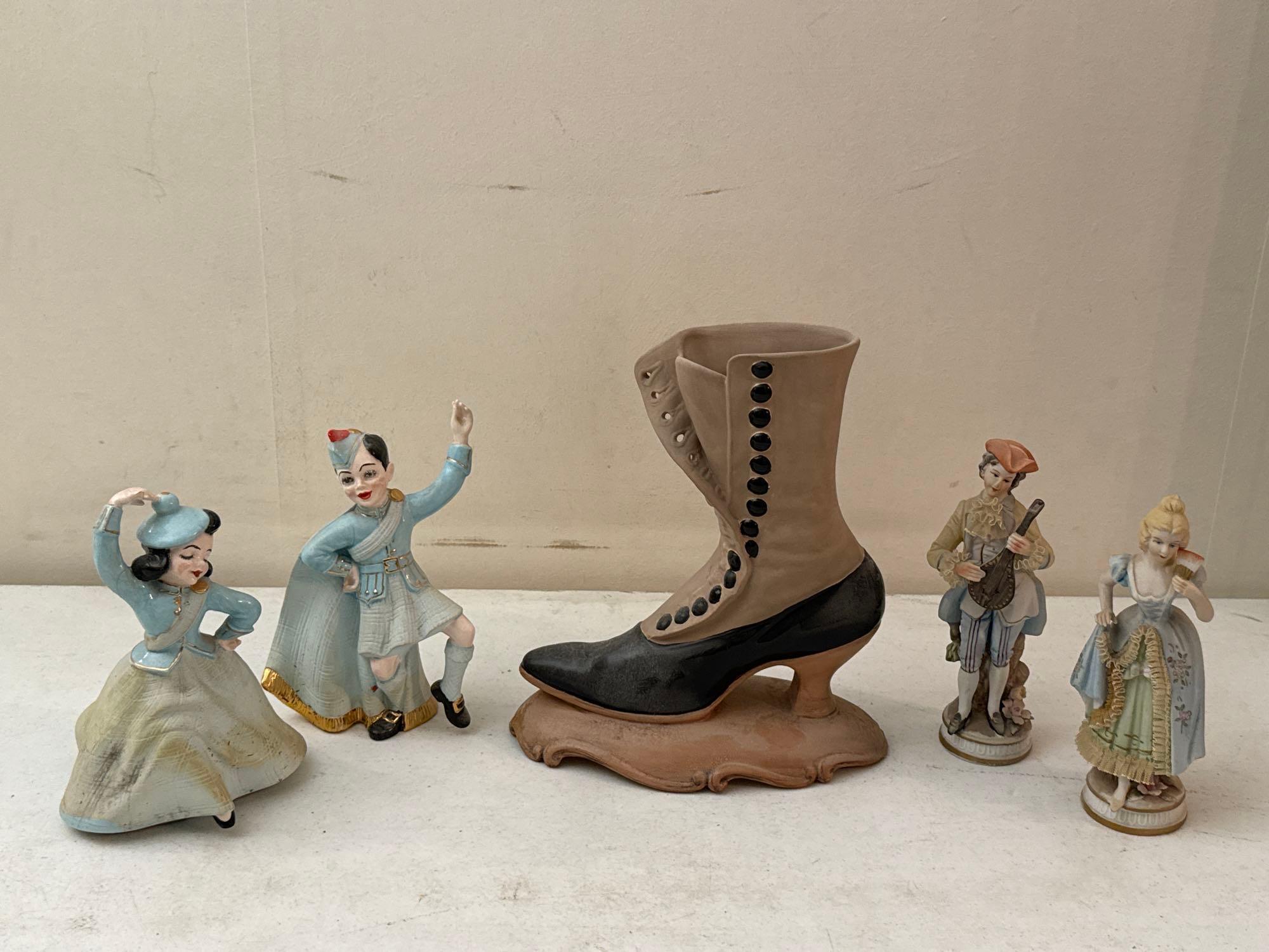 Victorian Boot Planter, Hand Glazed Scottish Couple & Porcelain Colonial Couple