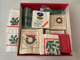 Vintage Red & Green Holly and Wreath Paper Napkins, Plastic Cups, Plates & Utensils