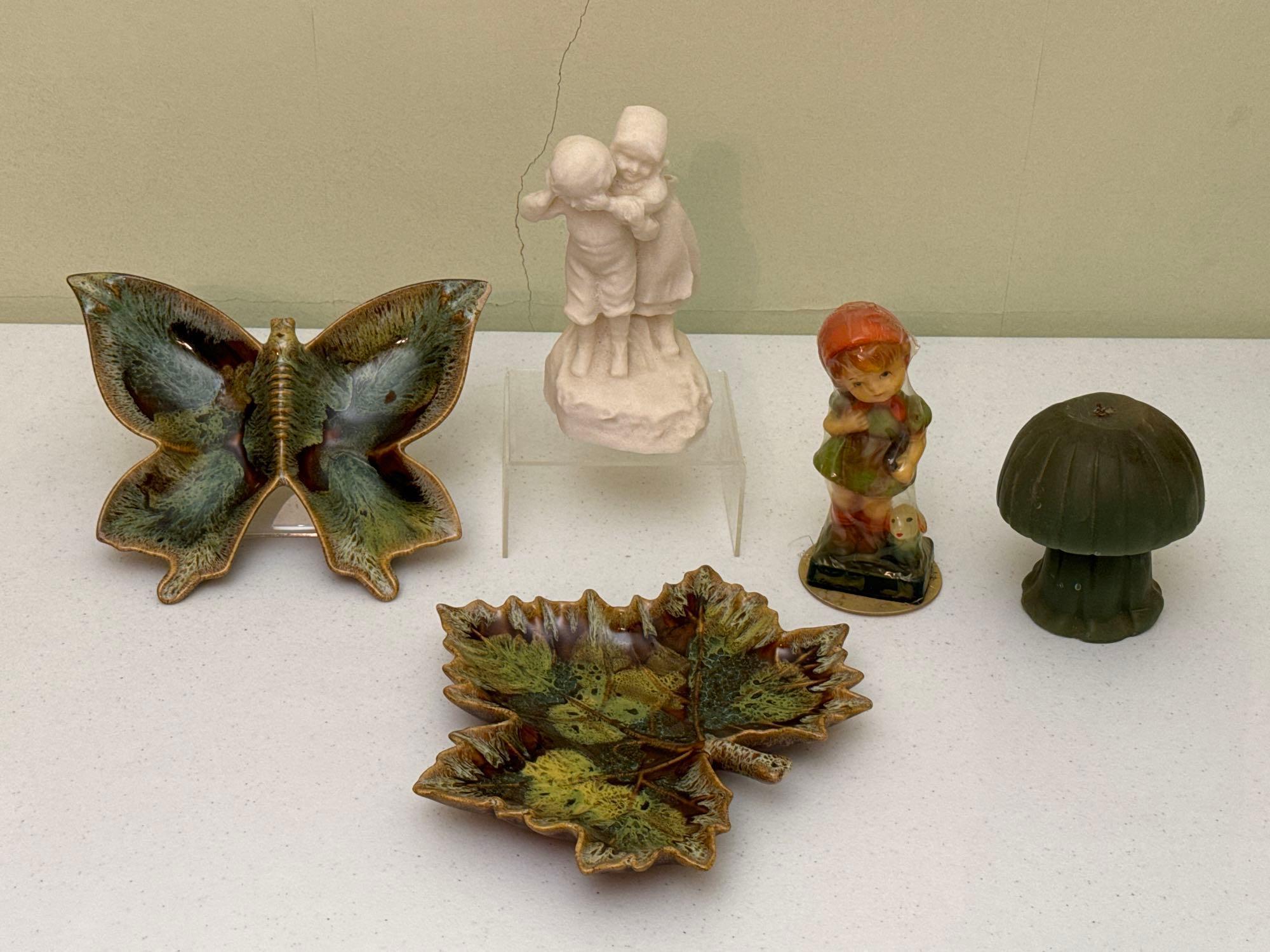 Vintage Van Briggle Pottery Butterfly & Leaf, Hummel-Style Candle & Boy and Girl Figurines