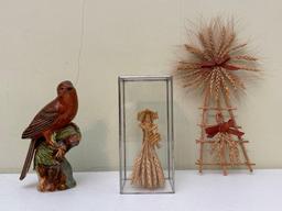 Wheat Straw Woman & Plaster Robin Figurine