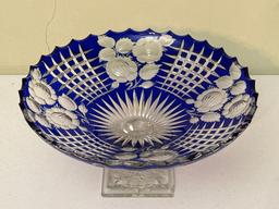 Vintage Bohemian Cobalt Blue Crystal Cut Glass Pedestal Platter