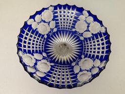 Vintage Bohemian Cobalt Blue Crystal Cut Glass Pedestal Platter