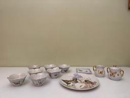 Hand Painted Butterfly Custard Bowls, Plates, Creamer & Sugar Bowl