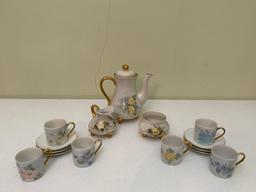 Hand Painted Floral Teapot, Mugs, Saucers, Creamer & Sugar Bowl