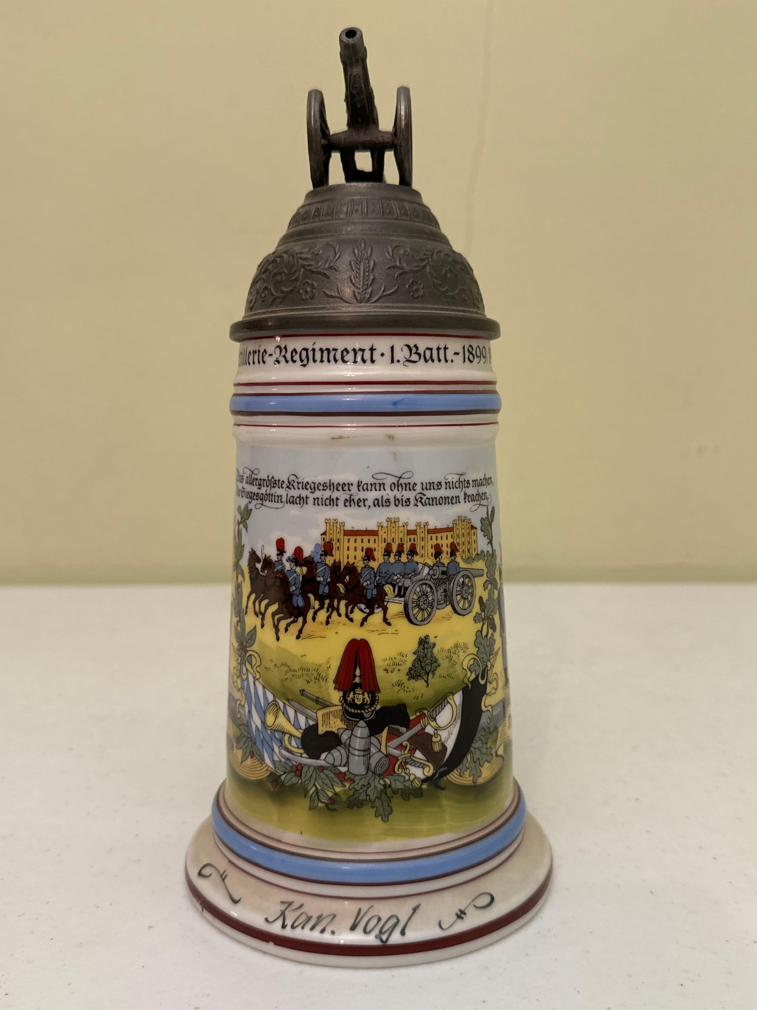 Vintage Porcelain & Pewter German Field Artillery Stein with Lid & Lithophane Base