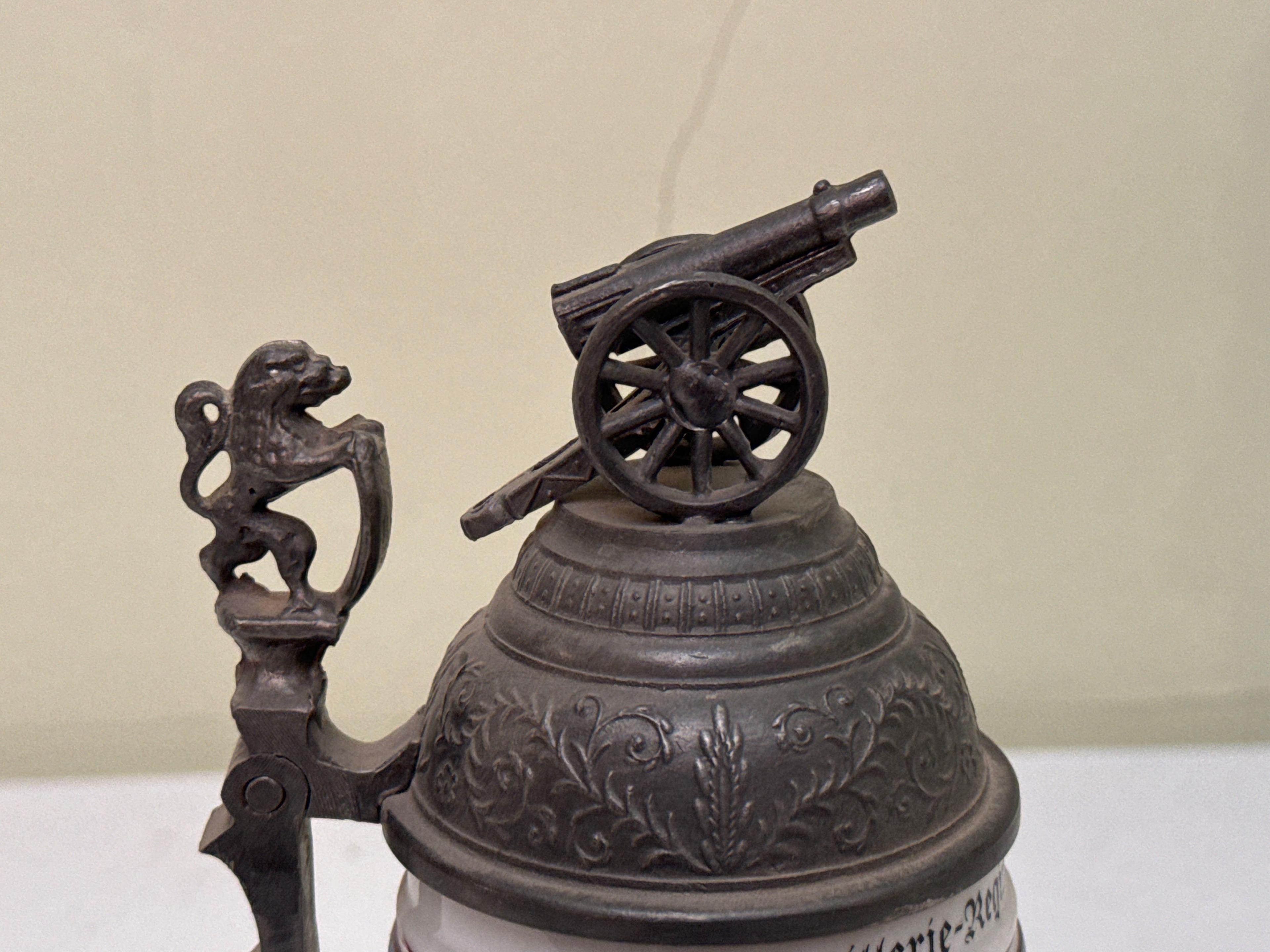 Vintage Porcelain & Pewter German Field Artillery Stein with Lid & Lithophane Base
