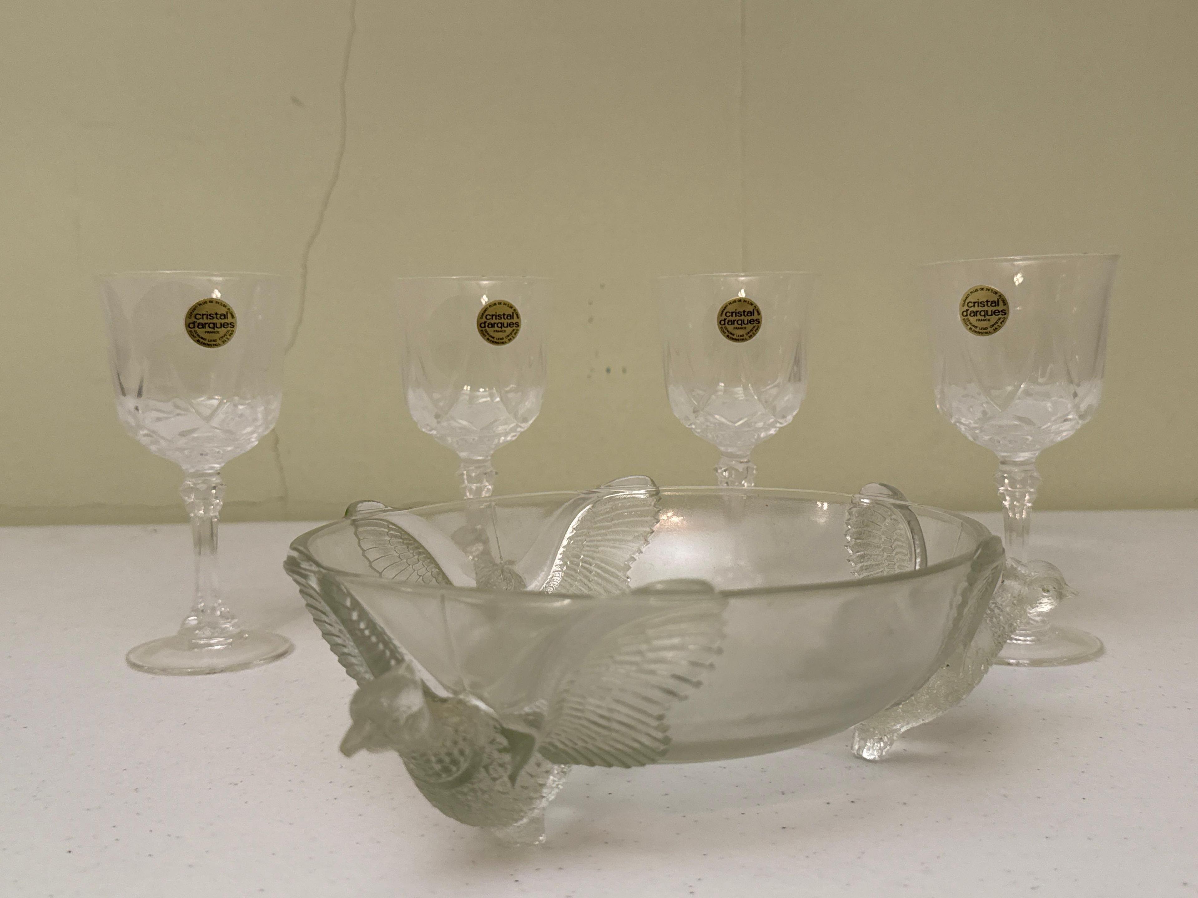 Molded Pheasants Glass Bowl & Cristal d Arques Stemware