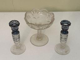 Dark Blue Bohemian Crystal Candle Holders & Cut Glass Compote Dish