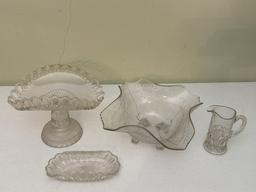 Glass Pedestal Fruit Bowl, Etched Glass Bowl & Cut Glass Pitcher & Dish