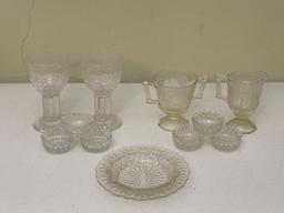 Molded & Cut Glass Salt Dishes, Candy Dish, Goblets, Sugar Bowl & Creamer