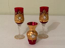 Vintage Murano Red & Gold Bud Vase and Cordial Glasses