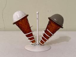 Vintage Amber Glass Ice Cream Cone Salt & Pepper Shakers with Stand