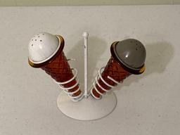 Vintage Amber Glass Ice Cream Cone Salt & Pepper Shakers with Stand