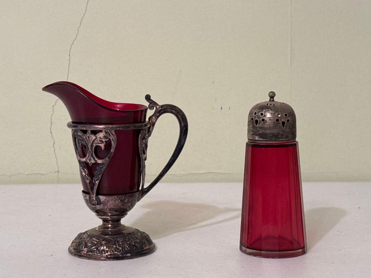 Vintage Ruby Red Glass Creamer in Silver Plate Frame & Sugar Shaker