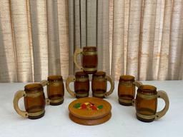 Vintage Wood Hamburger Press & Amber Glass & Wood Mugs