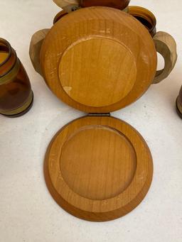 Vintage Wood Hamburger Press & Amber Glass & Wood Mugs