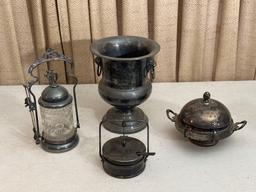 Silver Plate Ice Bucket, Salt Cellar, Relish Jar & Covered Serving Dish