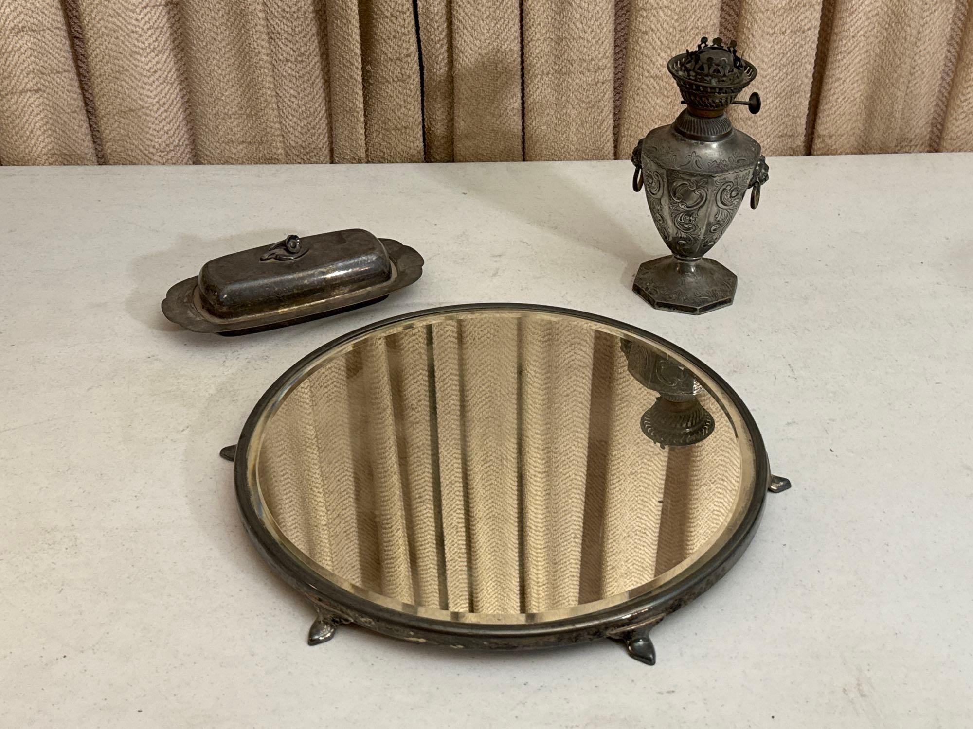 Silver Plate Mirrored Tray, Oil Lamp & Butter Dish