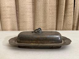 Silver Plate Mirrored Tray, Oil Lamp & Butter Dish
