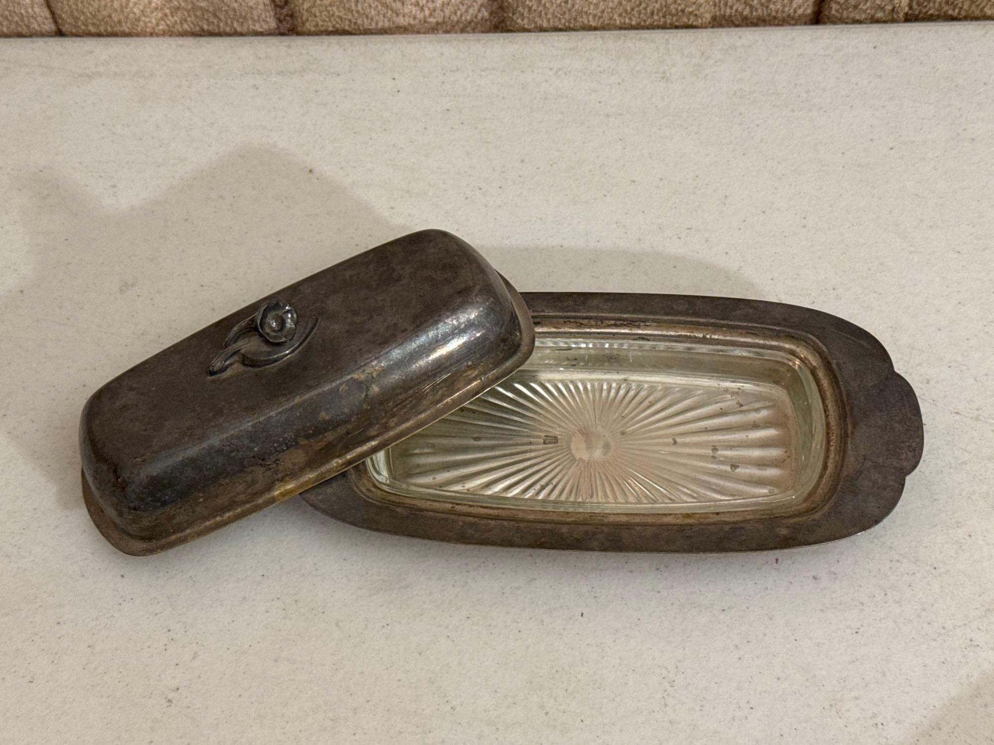 Silver Plate Mirrored Tray, Oil Lamp & Butter Dish