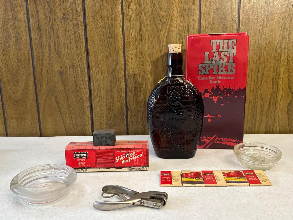 Vintage The Last Spike Liquor Bottle, Railroad Ashtrays, Frisco Matchbooks & 1/2 Fare Ticket Punch