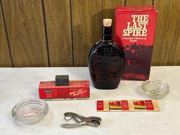 Vintage The Last Spike Liquor Bottle, Railroad Ashtrays, Frisco Matchbooks & 1/2 Fare Ticket Punch