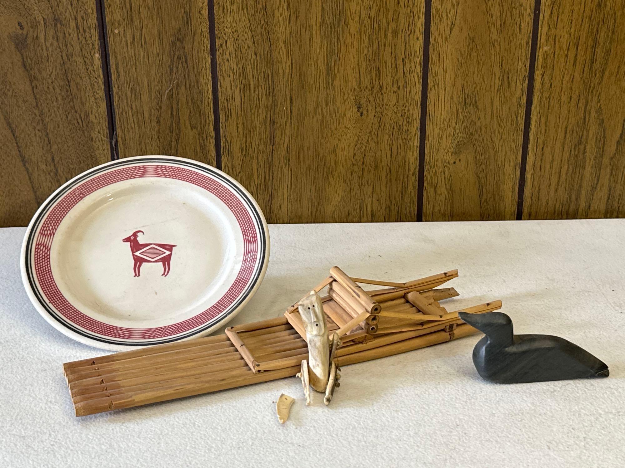 Vintage Santa Fe Dining Car Plate, Antler Folk Art Doll & Soapstone Carved Duck