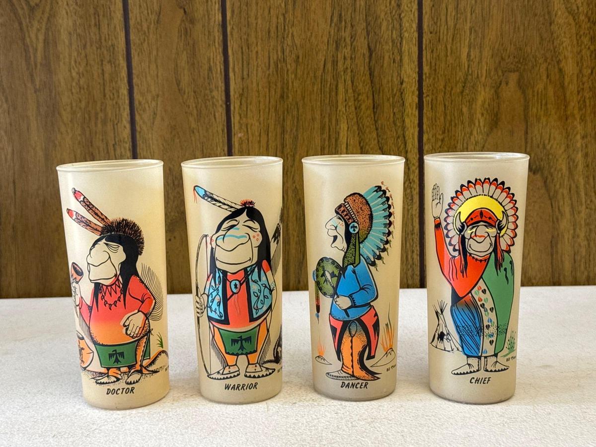 Mid Century Modern Bill Flores Frosted Native American Glass Set