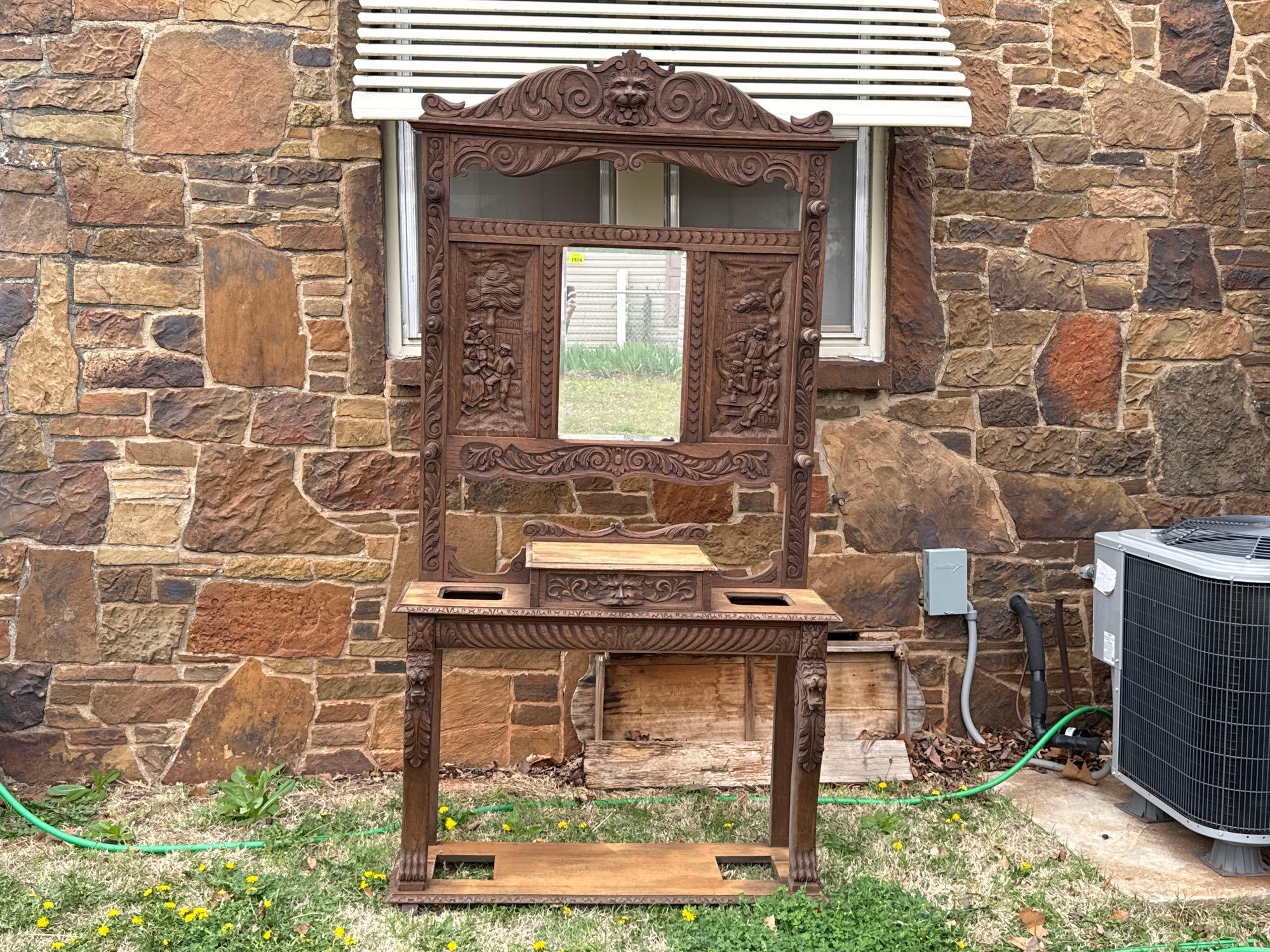 Antique Ornate Carved Wood Hall Tree