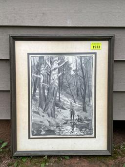 Vintage Graphite Men in Boat Framed Art