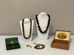 Kukui Nut Leis, Mini Beaded Doll & Moccasins & Vintage Wood Cigar Box