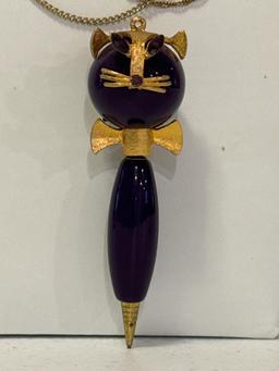 MCM Purple Lucite Kitty Mechanical Pencil Pendant & Metal Chains