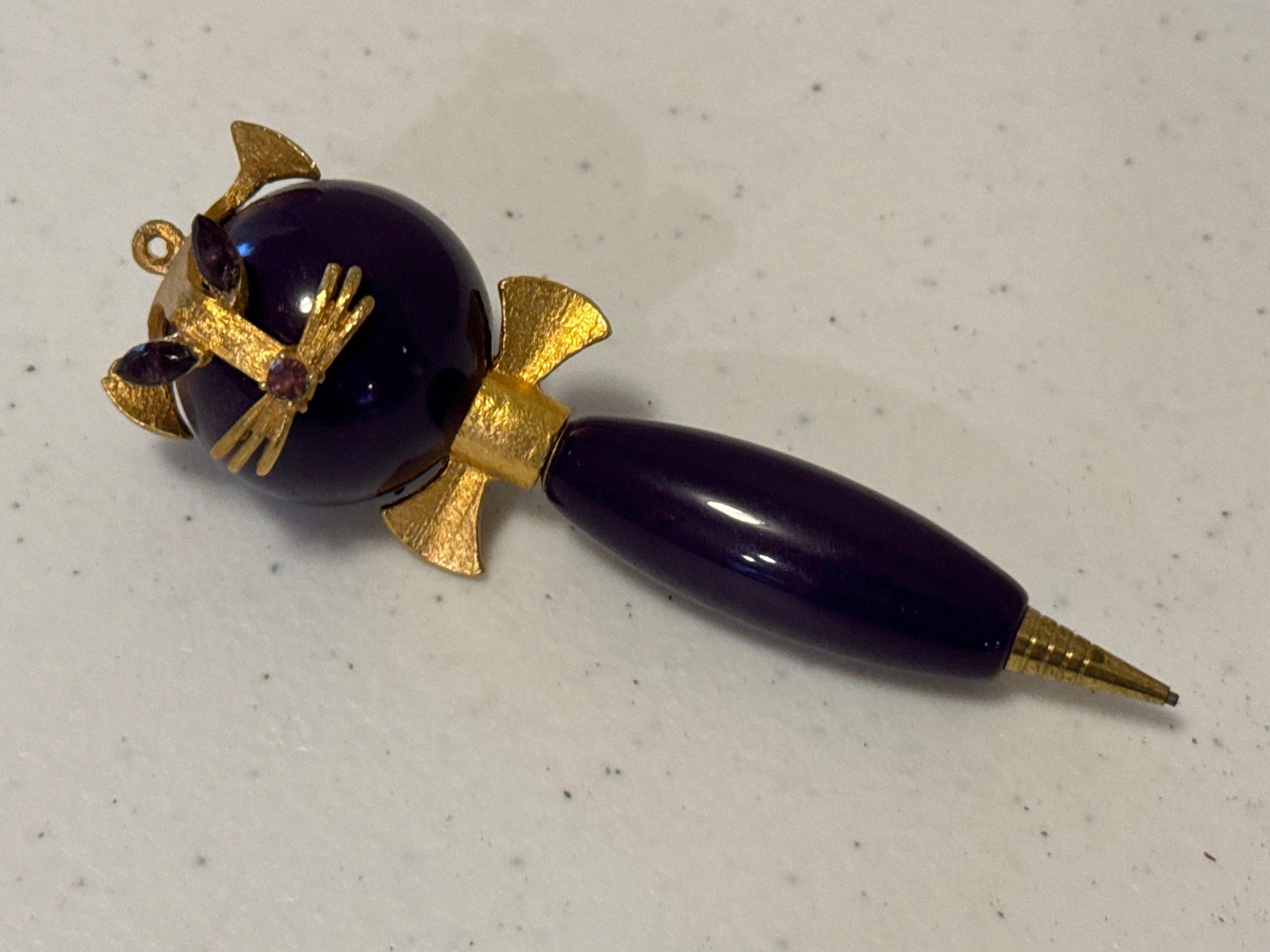 MCM Purple Lucite Kitty Mechanical Pencil Pendant & Metal Chains