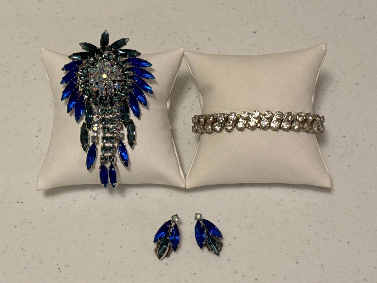 Vintage Blue Rhinestone Brooch, Earrings & Bracelet