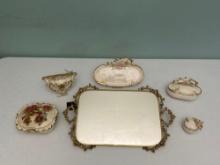 24 Karat Gold Plated Mirrored Tray & Ceramic Dishes