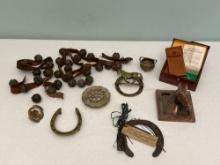 Vintage Copper Horse Head Wall Plaque, Brass Horseshoe Trivet & Cribbage Game Set