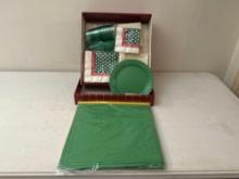 Vintage Red & Green Paper Napkins, Tablecloths, Plastic Cups, Utensils & Plates