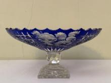 Vintage Bohemian Cobalt Blue Crystal Cut Glass Pedestal Platter