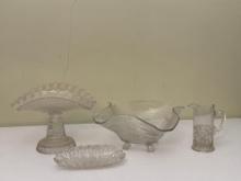 Glass Pedestal Fruit Bowl, Etched Glass Bowl & Cut Glass Pitcher & Dish