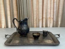 Silver Plate Pitcher, Serving Tray, Bowl & Salt Cellar