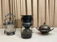 Silver Plate Ice Bucket, Salt Cellar, Relish Jar & Covered Serving Dish