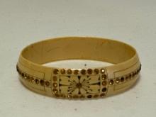 Antique Carved Celluloid & Amber Rhinestone Bracelet