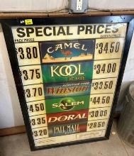 Vintage framed poster of cigarette pricing