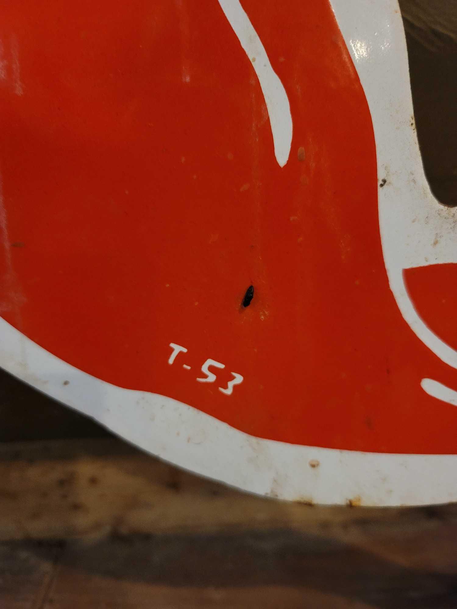 Mobil Pegasus Gasoline Metal Sign Marked T-52 on bottom. one sided