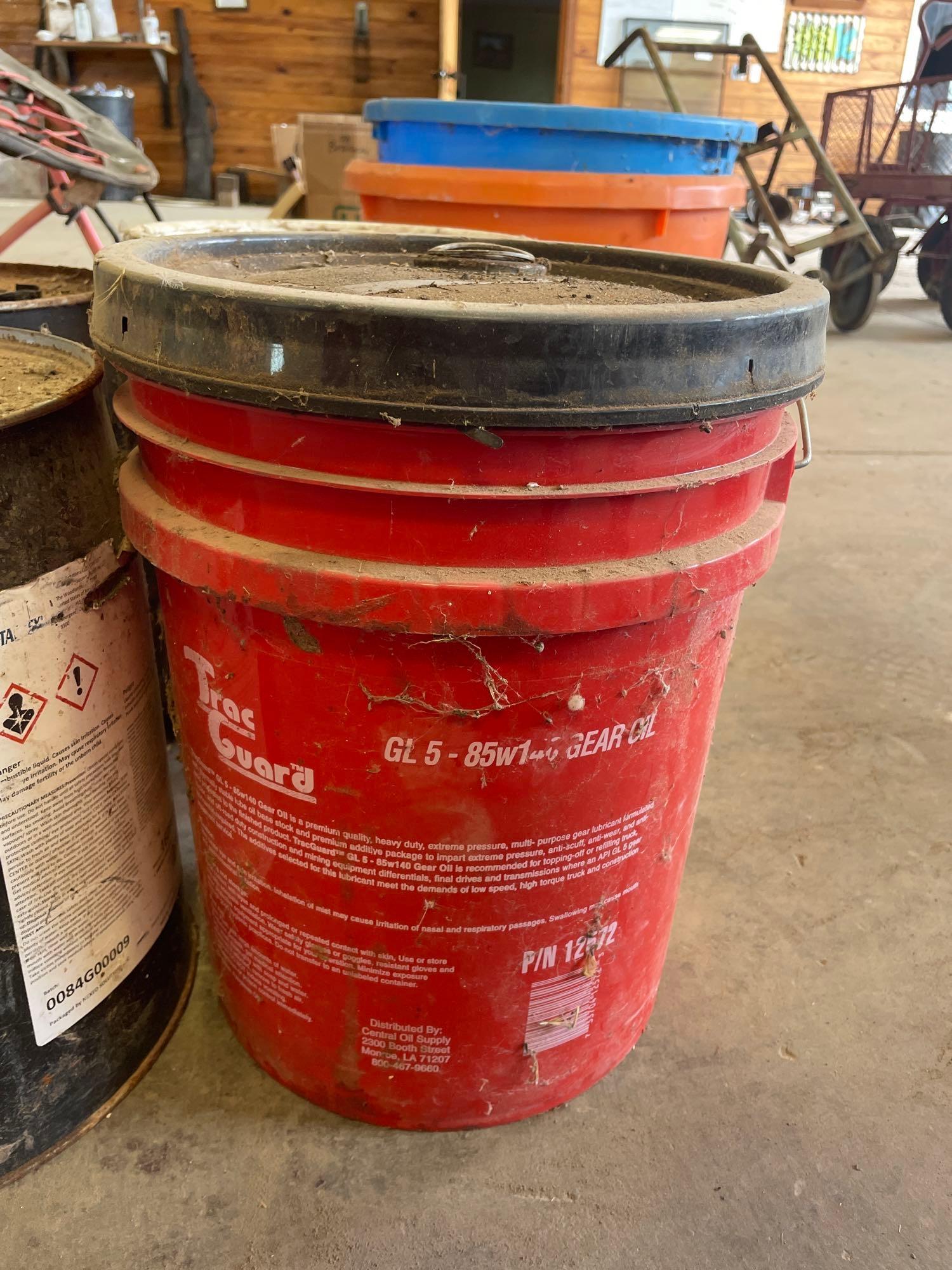 5 gallon buckets, gear oil, first defense cleaner,glycol ether, methyl