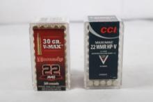 One unopened box of CCI Maxi -mag 22 WMR HP+V 30gr. and one unopened box of Hornady V-Max 22 Mag