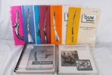 Two spiral bound softcover books and six Gun Report magazines on shooting. Used.