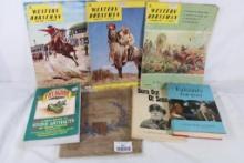 Three miscellaneous books, three Horseman magazines and one soft cover book and Army uniforms. Used.