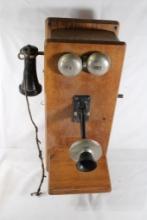 Old wall wood telephone. Used, in nice condition, though hand phone line needs to be replaced.