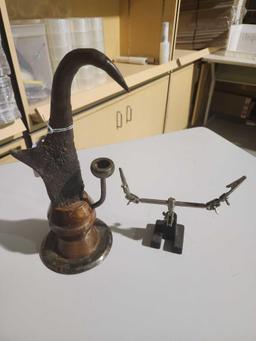 One Prong horn on stand incense burner and a third hand soldering vise. Used.